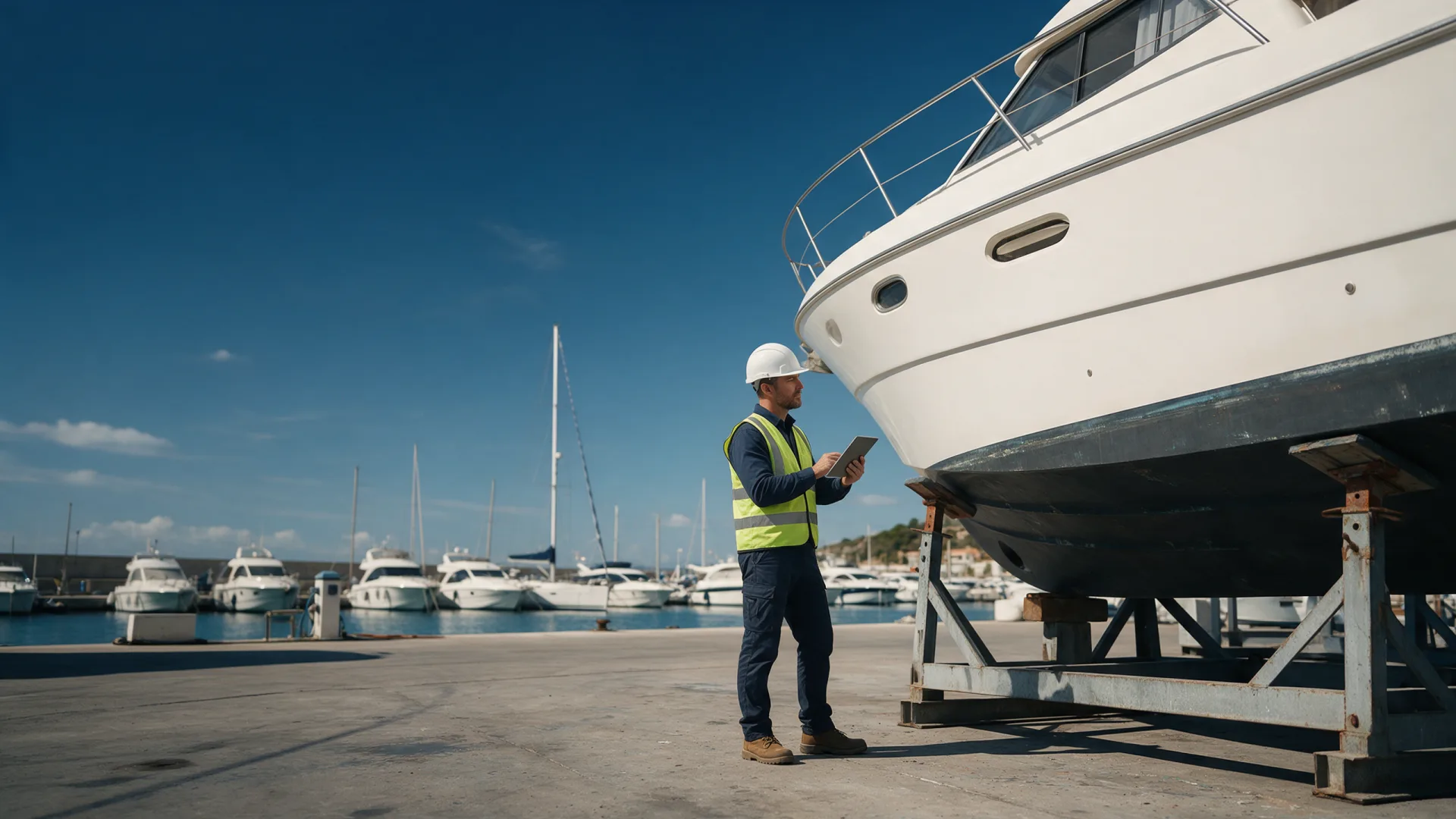 Perito náutico inspeccionando un barco en varada