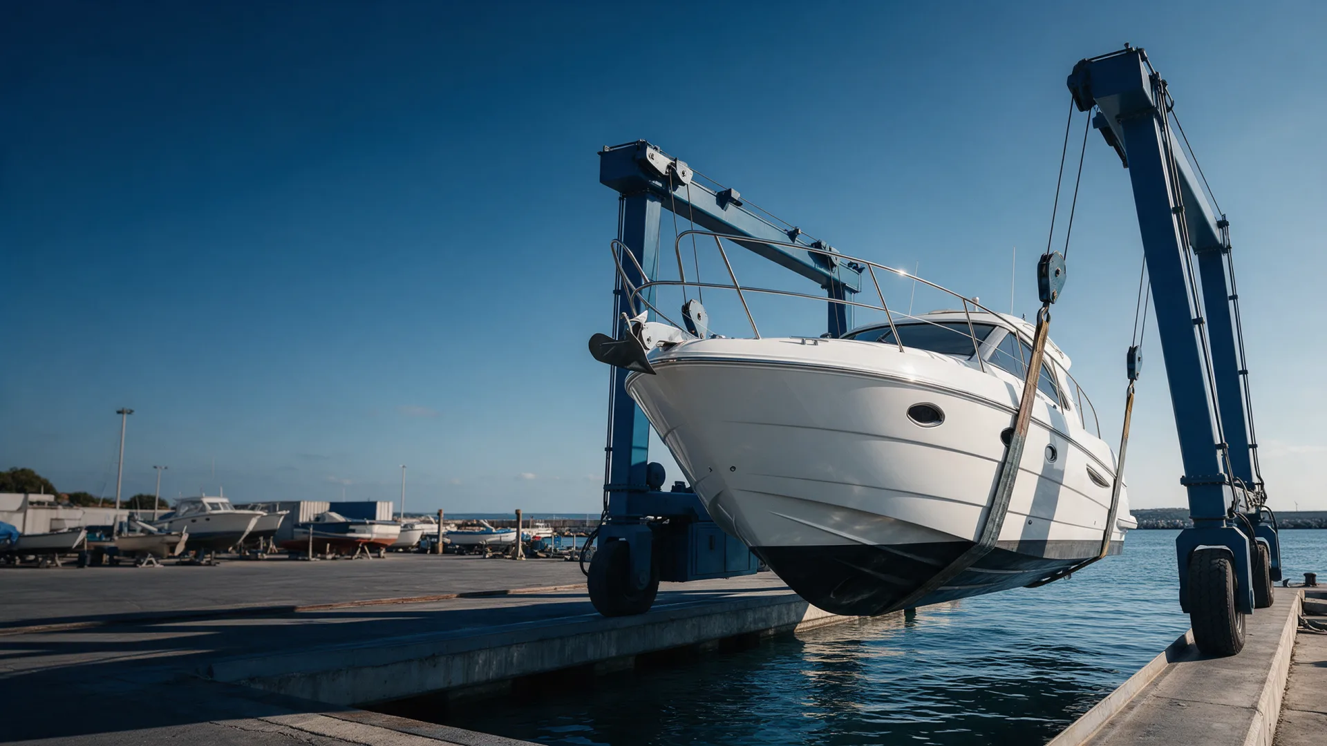 Barco izado por una grúa para su transporte en un puerto